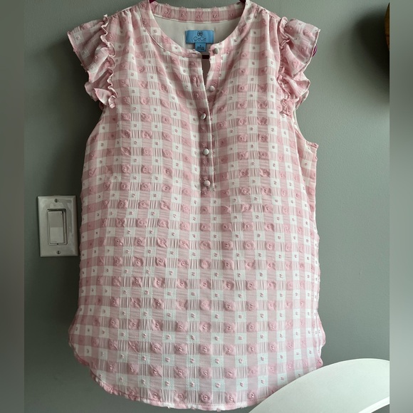 CECE Pink & White Gingham Print Textured Ruffled Sleeve Blouse - Picture 3 of 5